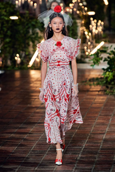 ARCHIVE - 2020 Rodarte Pink Red Heart Print Silk Dress with Ruffle Collar