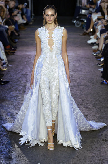 2016 Julien MacDonald White Cream Beaded Jumpsuit with Net Inserts