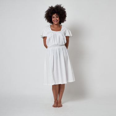 1950s White Cotton Smocked Dress with Tie Back