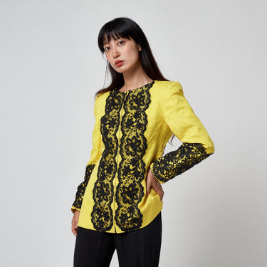 ARCHIVE - 1991 Christian Lacroix Runway Yellow Jacquard Jacket with Black Lace