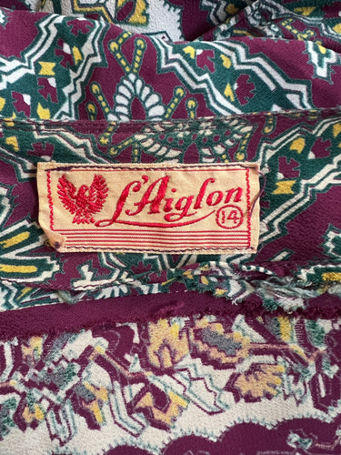 1940s L'Aiglon Heraldic Style Novelty Print Rayon Dress