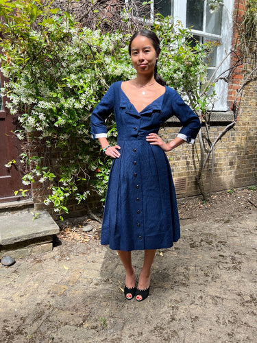 1950s Susan Small Textured French Blue Cotton Shirt Dress
