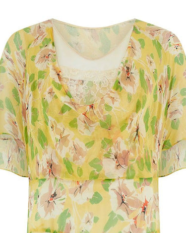 Original 1920s Yellow Green Pink Floral Silk Chiffon Tea Dress