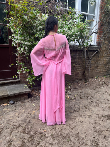 1960s Hannalore Pink Chiffon Beaded Maxi Dress