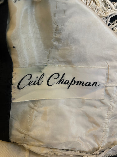 1950s Ceil Chapman Navy Silk Shift Dress with White Lace Top