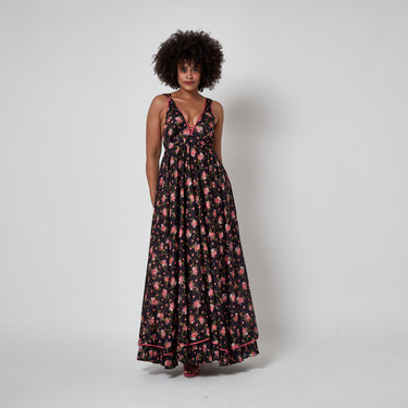 1970s Black Pink Floral Maxi-Dress with Caped Top and Pink Trim