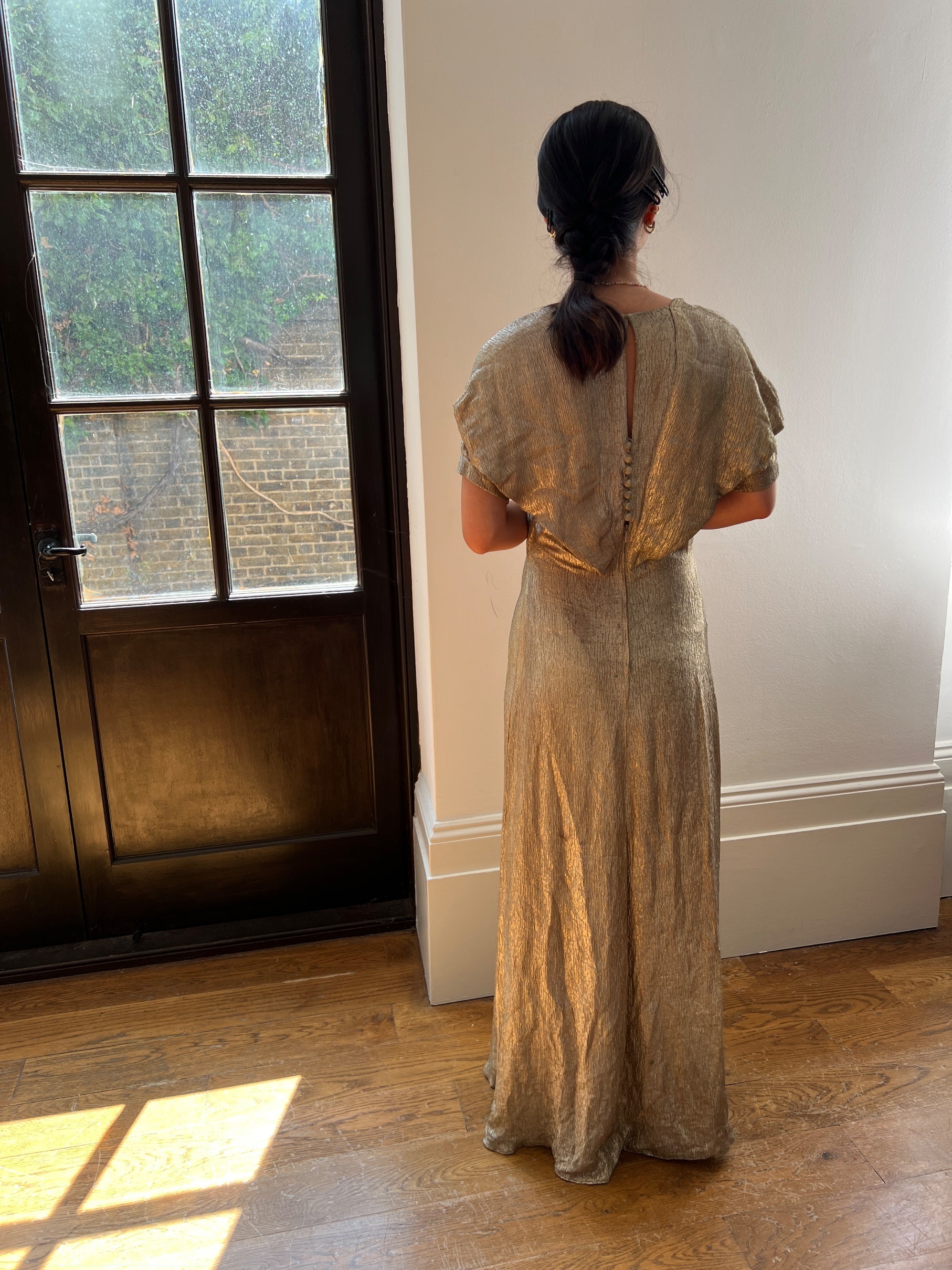 1930s Gold Lame Dress with Ruched Bodice and Sleeve Detail 1930s Gold Lame Dress with Ruched Bodice and Sleeve Detail