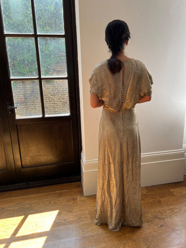 ARCHIVE - 1930s Gold Lame Dress with Ruched Bodice and Sleeve Detail