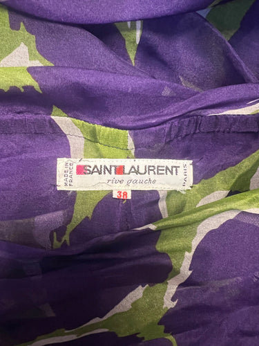 ARCHIVE - 1984 Runway Yves Saint Laurent Purple and Green Printed Chiffon Dress