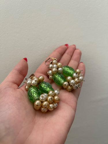 1960s French Couture Green Glass and Pearl Statement Earrings