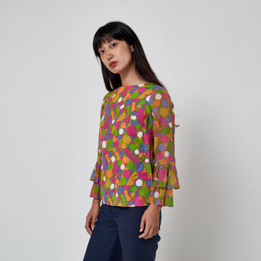1970s Glen Sportique Polka Dot Print Linen Cotton Blouse