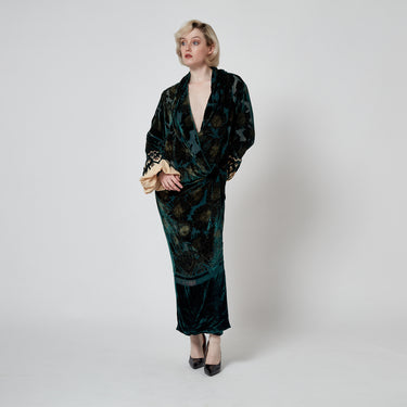 ARCHIVE - 2006 Roberto Cavalli Runway Green Silk Embossed Velvet Coat Dress