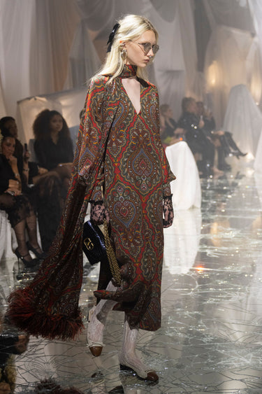 1970s Valentino Boutique Paisley Silk Maxi Dress with Chiffon Sleeves
