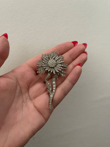 1950s Mitchel Maer for Christian Dior Silver Rhinestone Flower Brooch