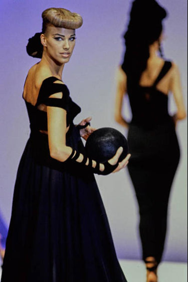 1992 Thierry Mugler Runway Black Satin and Velvet Maxi Dress