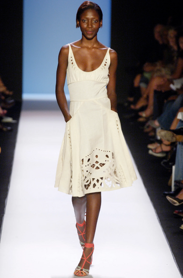 2006 Zac Posen Runway Documented Cream Textured Dress with Cut Outs