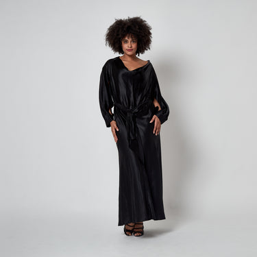 1930s Haute Couture Black Liquid Satin Maxi Dress with Open Sleeves