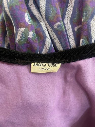 1970s Angela Gore Purple Print Maxi Dress with Velvet Trim