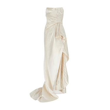 2019 Alberta Ferretti Couture Cream Silk Rhinestone Dress with Train