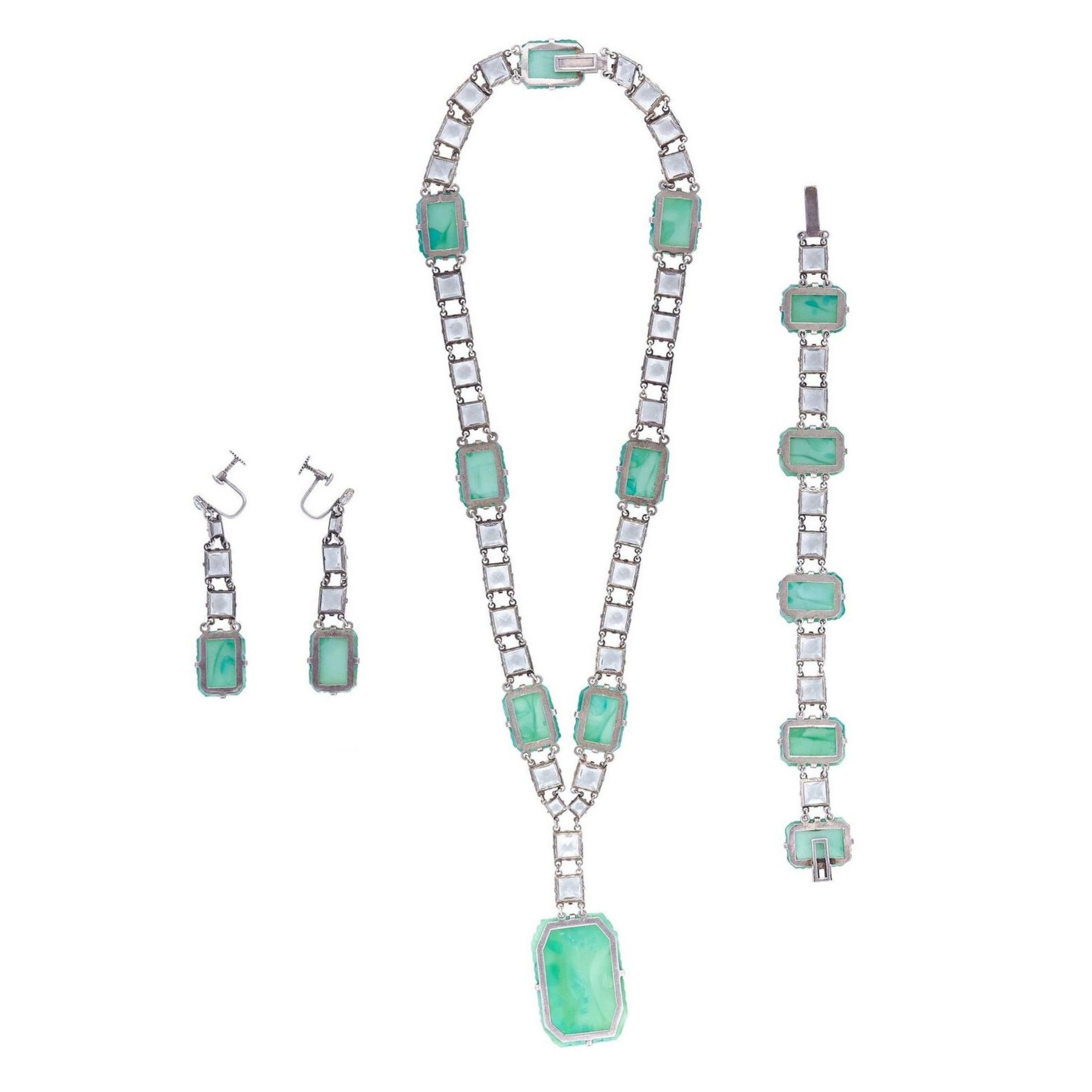 1930s Silver & Peking Glass Art Deco 3 Piece Jewellery Set