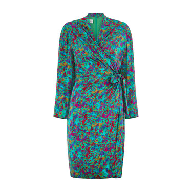 1980s Caroline Charles Emerald Green Floral Wrap Dress