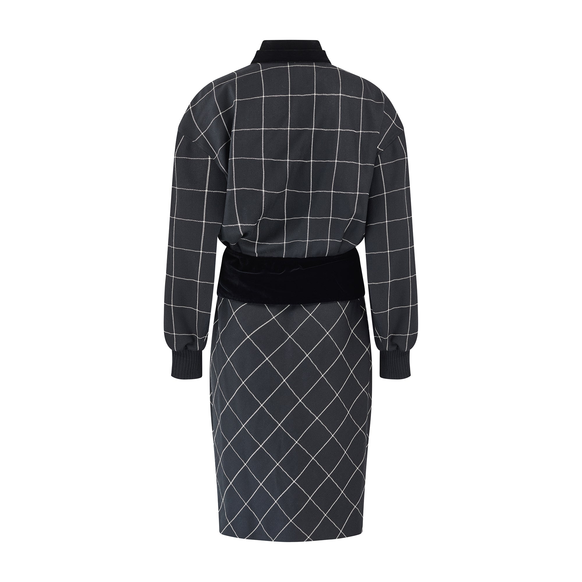 1986 Emanuel Ungaro Black White Plaid Skirt Suit with Velvet Trim 1986 Emanuel Ungaro Black White Plaid Skirt Suit with Velvet Trim