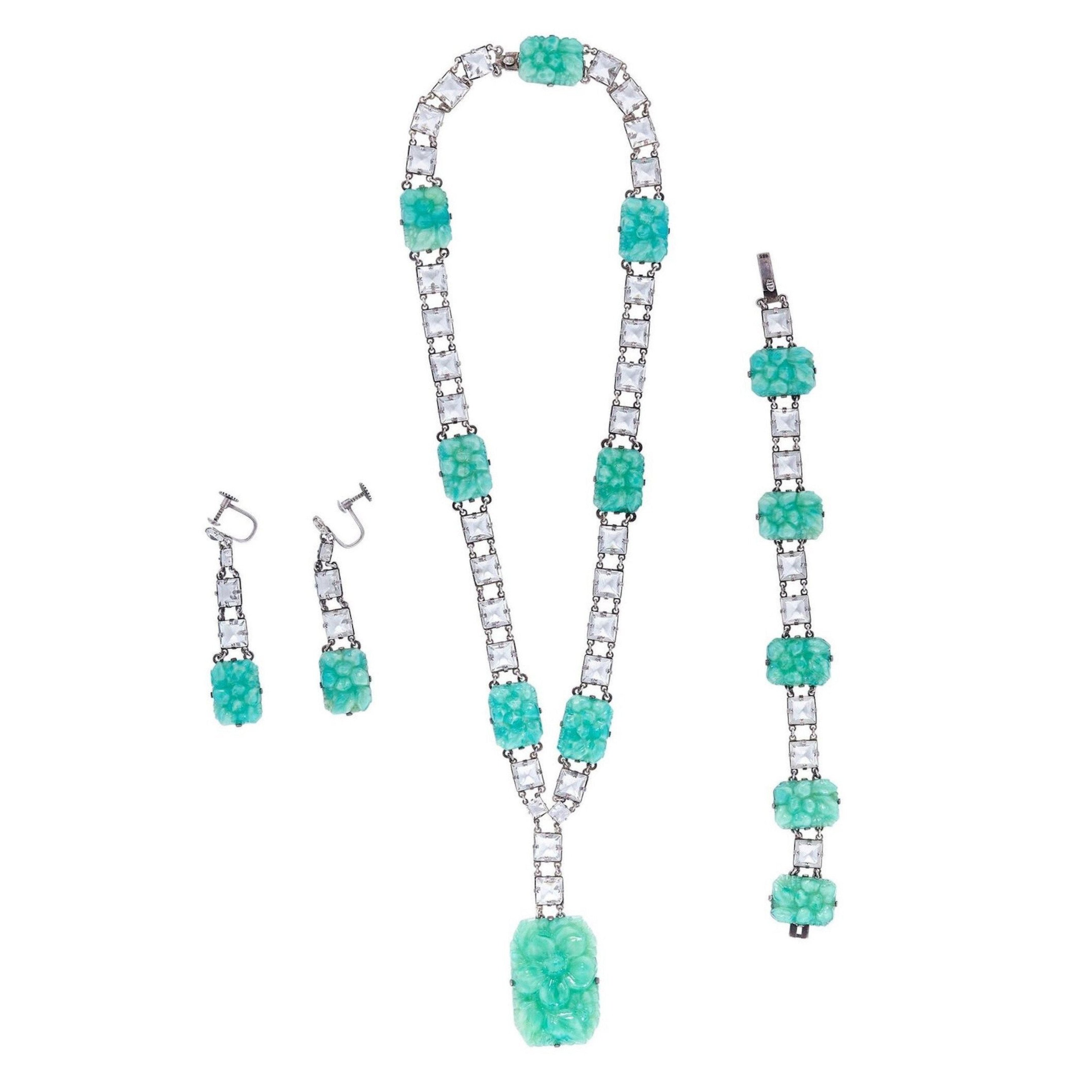 1930s Silver & Peking Glass Art Deco 3 Piece Jewellery Set