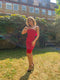 Gianfranco Ferre 1980s Red Cocktail Dress With Shocking Pink Fan Detail