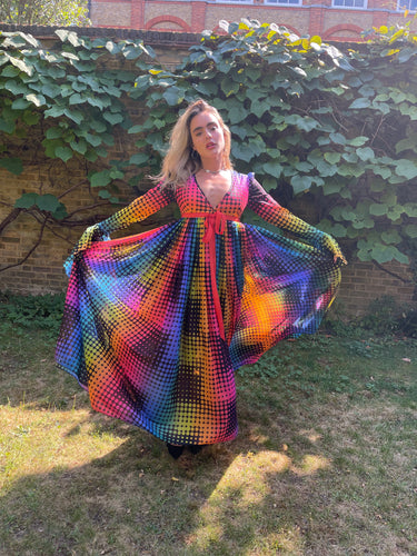 1970s Jean Varon Rainbow Maxi-Dress with Angel-Sleeves