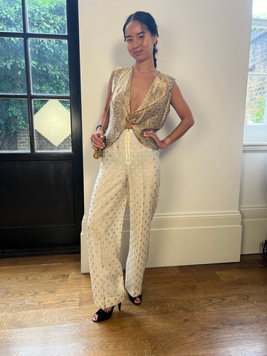 ARCHIVE - 1930s Antique Silk Indian Waistcoat With Gold Brocade; 1960s Cream and Gold Lame Textured Trousers