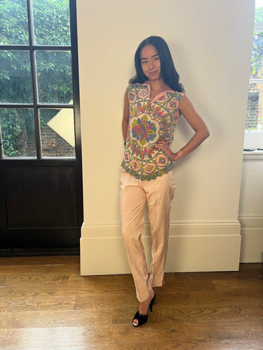 ARCHIVE - 1960s Pucci Silk Pale Pink Trouser Set With Vibrant Rosette Print