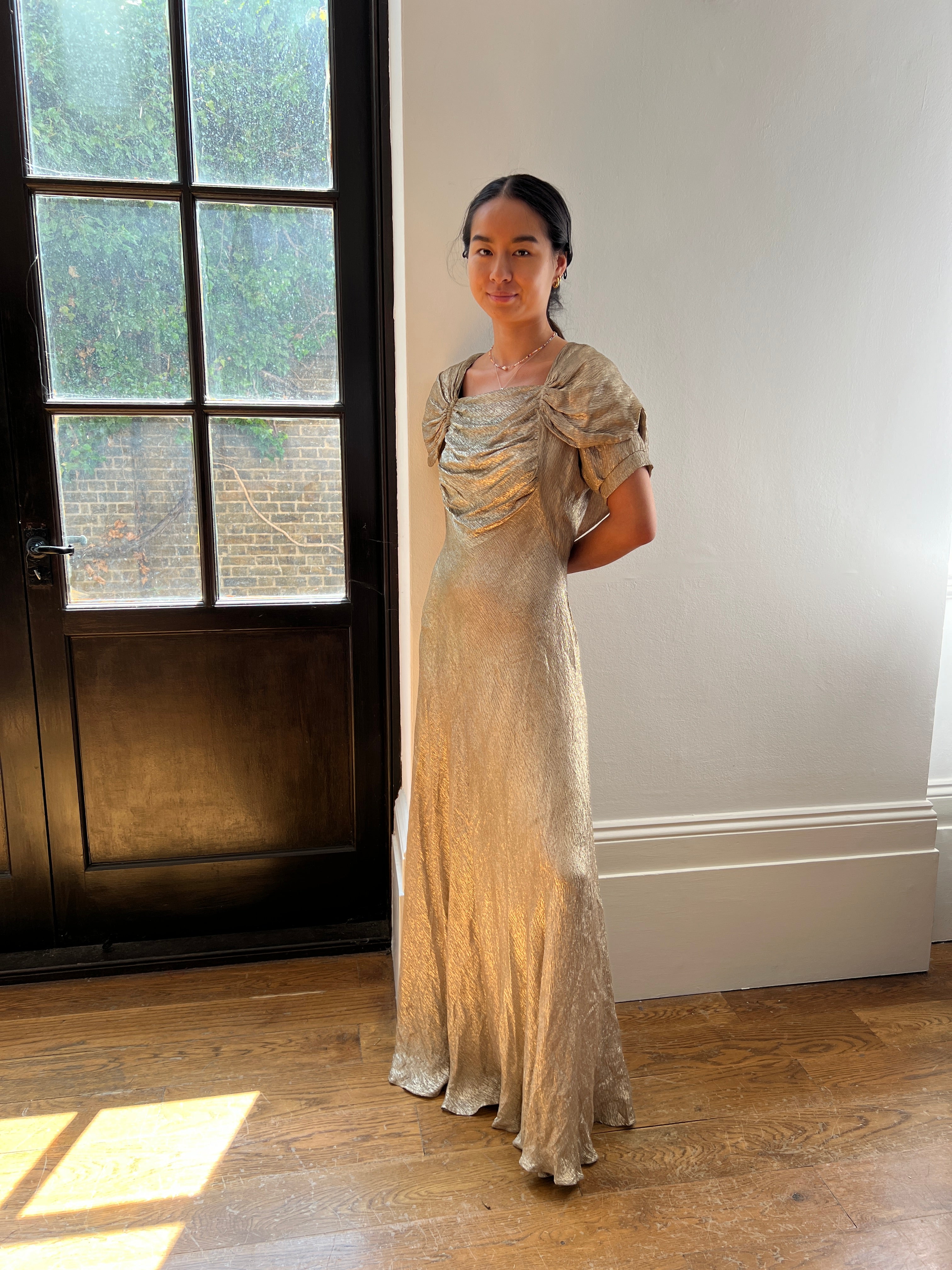 1930s Gold Lame Dress with Ruched Bodice and Sleeve Detail 1930s Gold Lame Dress with Ruched Bodice and Sleeve Detail