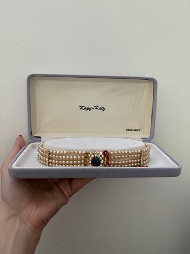 1970s 4-Row Pearl Choker Necklace with Crystal and Blue Gemstone Clasp