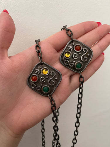 1990s Edouard Rambaud Silver Chain Necklace with Gemstone Pendants