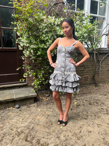1987 Zandra Rhodes Grey Denim Ra Ra Dress