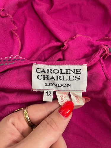 1970s Caroline Charles Pink Printed Jersey Top and Skirt Ensemble