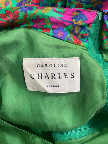 1980s Caroline Charles Emerald Green Floral Wrap Dress