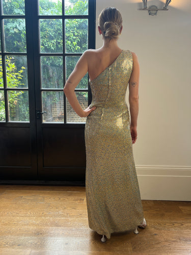 1980s Andre Laug Multi-Coloured Sequinned Asymmetric Maxi Dress