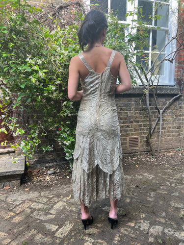 1920s Silver Cobweb Lame Flapper Culottes Dress