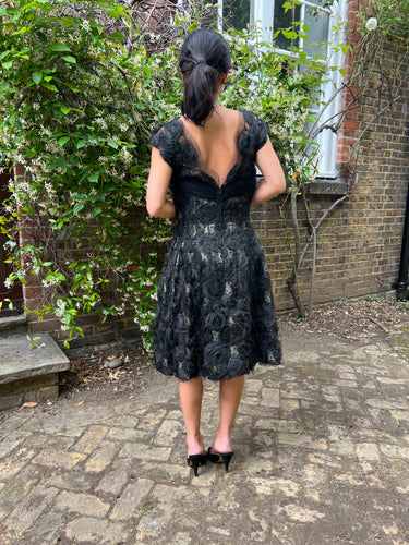 1960s Hardy Amies Couture Silk Organza Dress with Hand Made Net Flowers