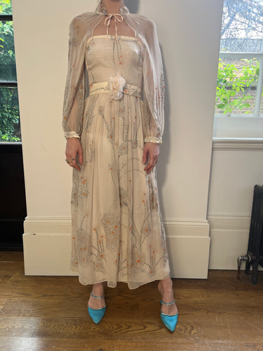 ARCHIVE - 1970s French Couture Cream Silver Glitter Chiffon Maxi Dress
