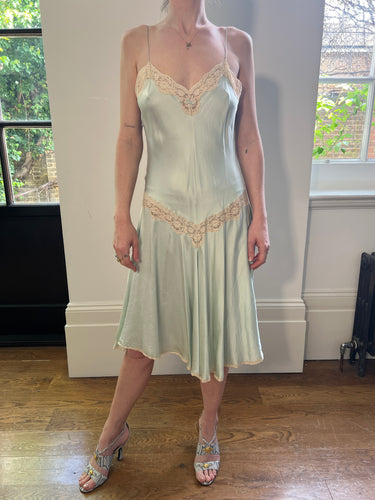 ARCHIVE - 1980s Jenny Dobell Seafoam Green and Lace Slip Dress
