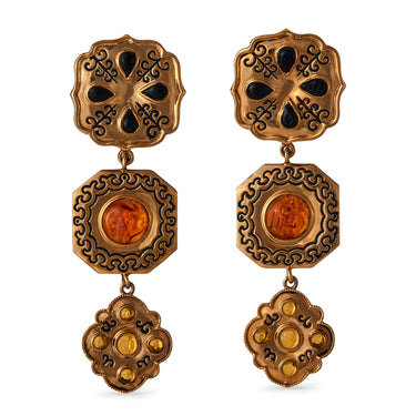 1980s Isabel Canovas Gold Triple Drop Engraved Earrings