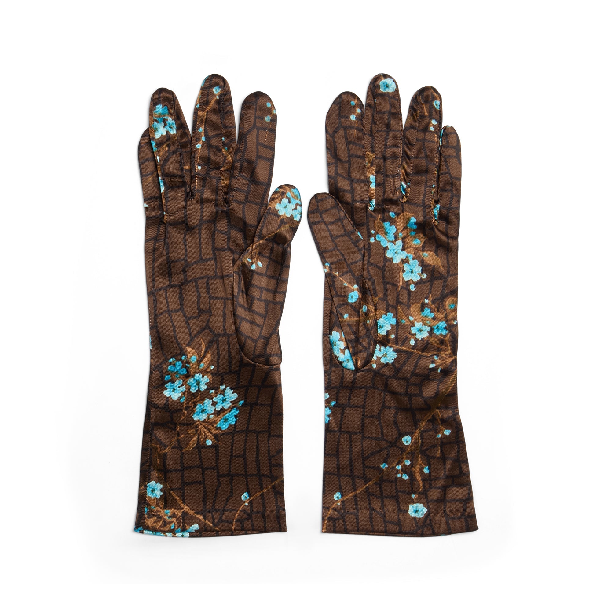 1990er Kenzo Braun-blaue geblümte Handschuhe mit Umschlag – CIRCA VINTAGE