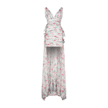 2020 Philosophy White Floral Polka Dot High Low Dress with Train
