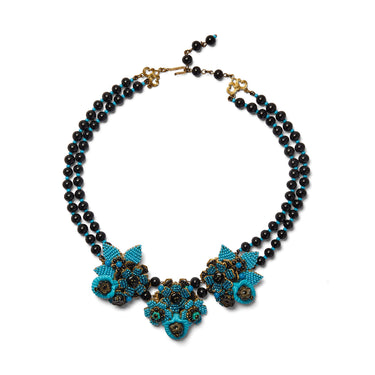 ARCHIVE - 1990s Stanley Hagler Blue and Black Floral Beaded Necklace