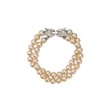 1950s Trifari Double Strand Pearl Bracelet with Diamante Clasp
