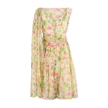 ARCHIVE - 1960s Green Pink Floral Chiffon Dress with Scarf Detail