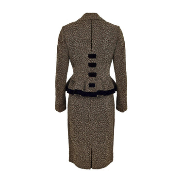 Tailleur-jupe Lilli Ann des années 1940 en tweed marron avec garniture en velours noir
