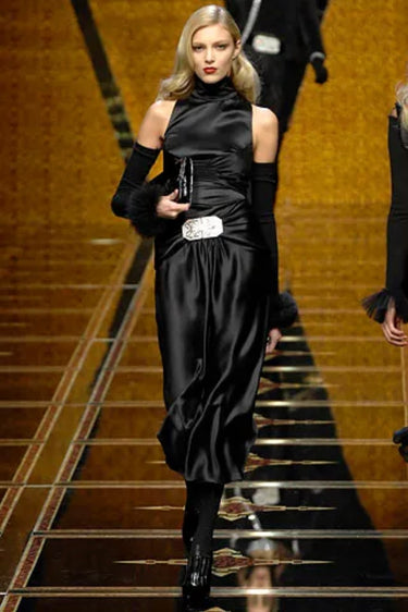 2007 Valentino Runway Documented Black Silk Dress with Art Deco Buckle